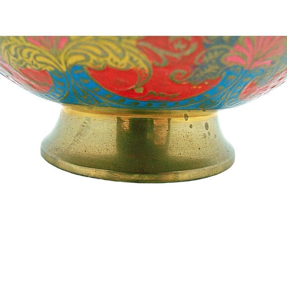 Vintage Multicolor Brass Enamel Scalloped Edge Raw Brass Foot Peacock Bowl Sz 6" - Picture 7 of 12